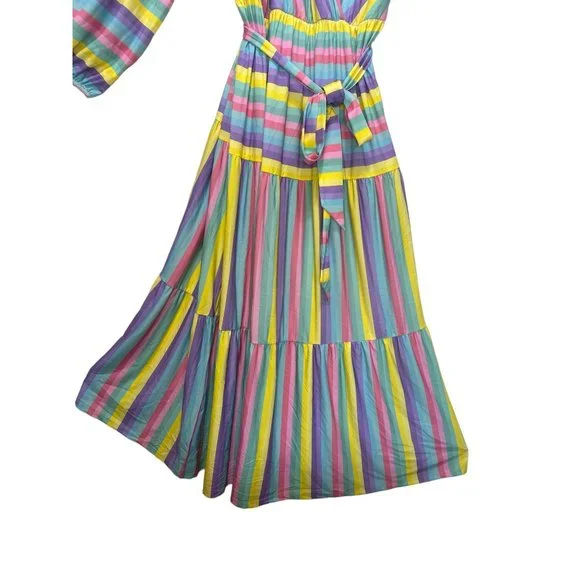 ELOQII Maxi Dress Womens 18 Easter Colorful Striped Tiered Ballon Long Sleeves - Picture 8 of 16